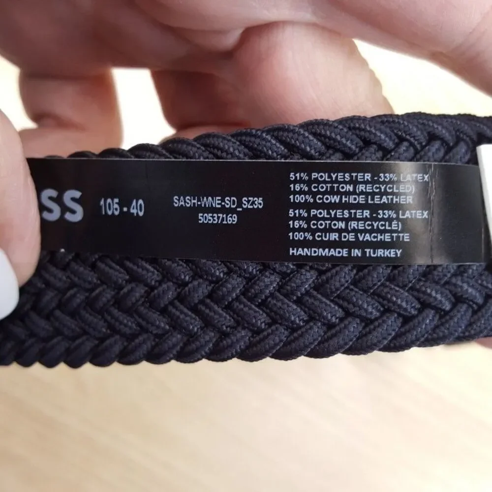 HUGO BOSS Belt Mens Size 40 Navy Blue Braided Woven Silver Buckle SASH